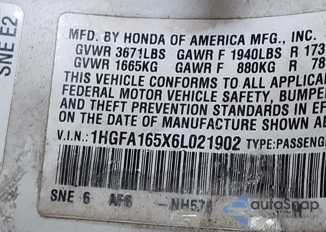 2006 Honda Civic Lx from USA, damaged, VIN 1HGFA165X6L021902